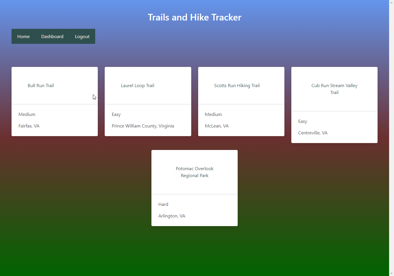 Screenshot of hike tracker website project