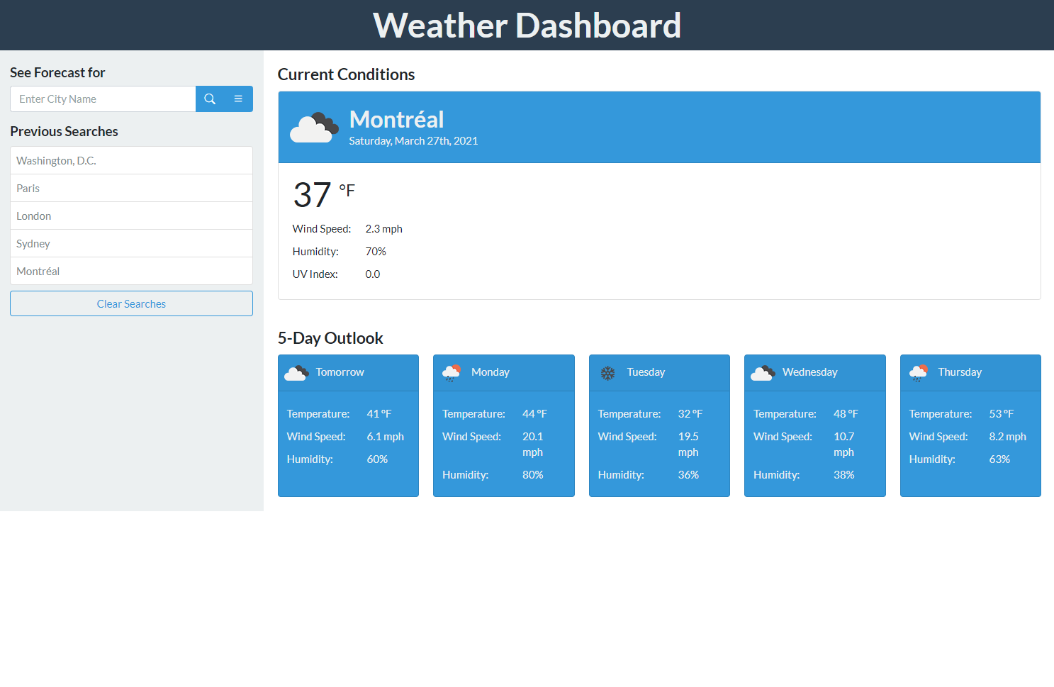 Screenshot of weather dashboard website project